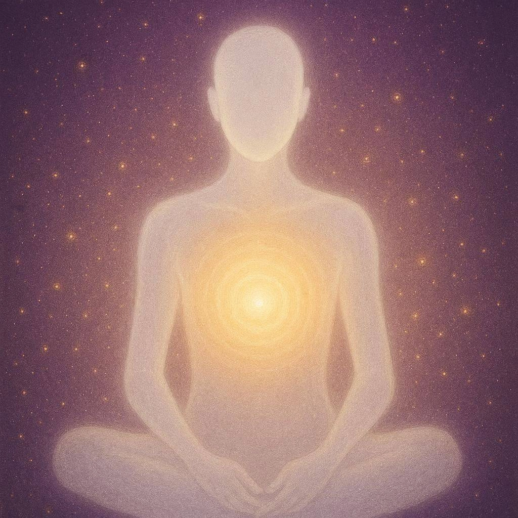 Rayon de lumière vertical traversant une silhouette en méditation, du sommet de la tête au cœur