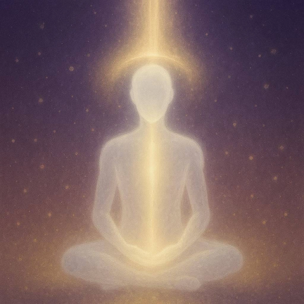 Lumière descendant depuis la Présence à travers tout le corps d'une silhouette en méditation