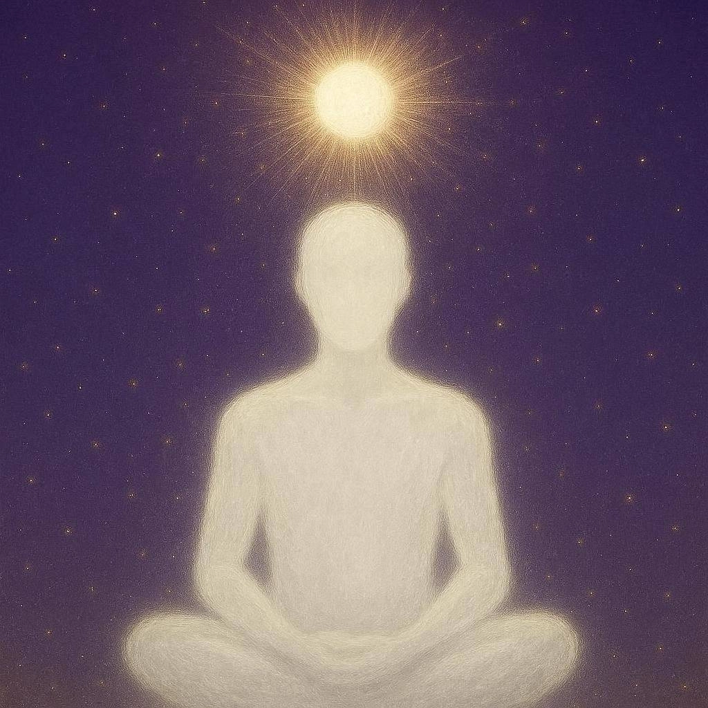 Grand Soleil de lumière blanche et dorée au-dessus d'une silhouette en méditation