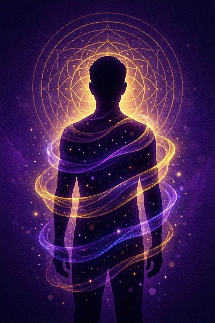 Silhouette initiatique enveloppée de lumière dorée et violette