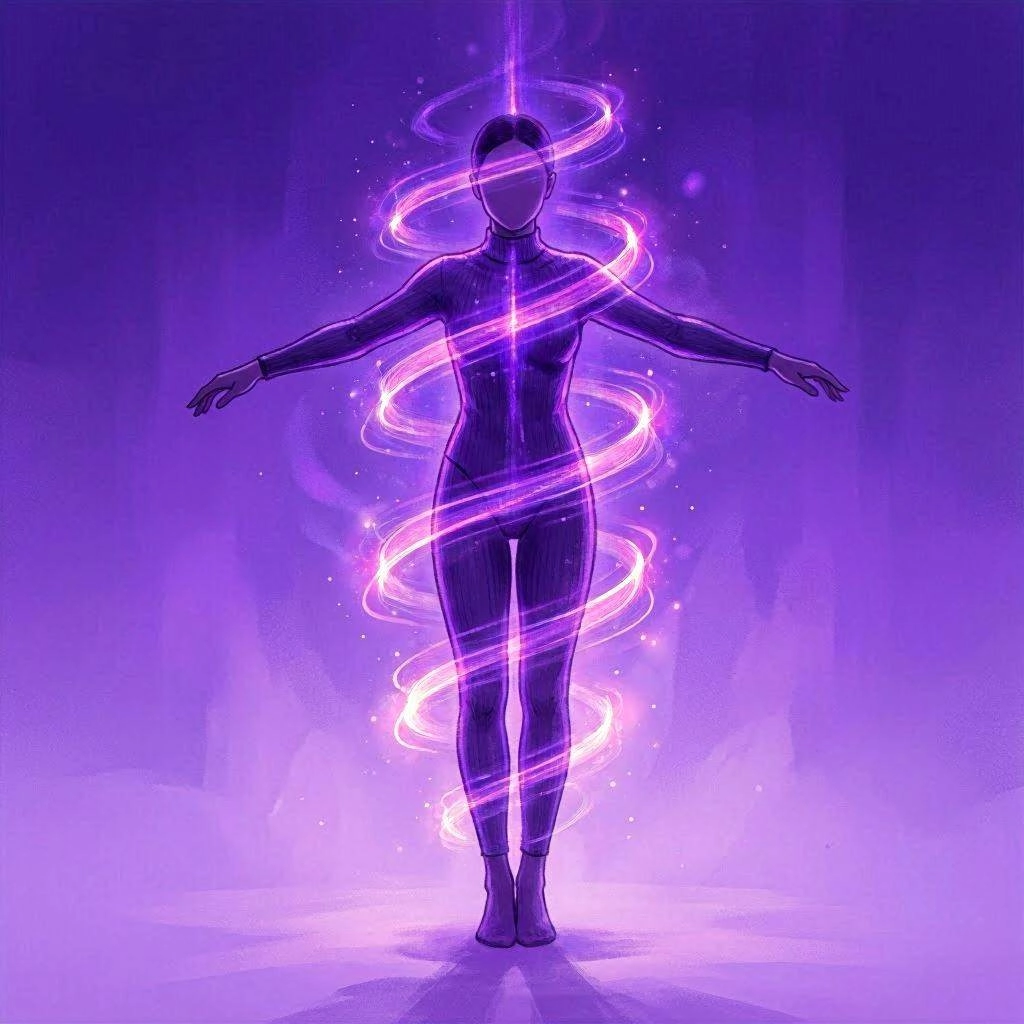 Silhouette enveloppée dans un flux de lumière violette en spirale